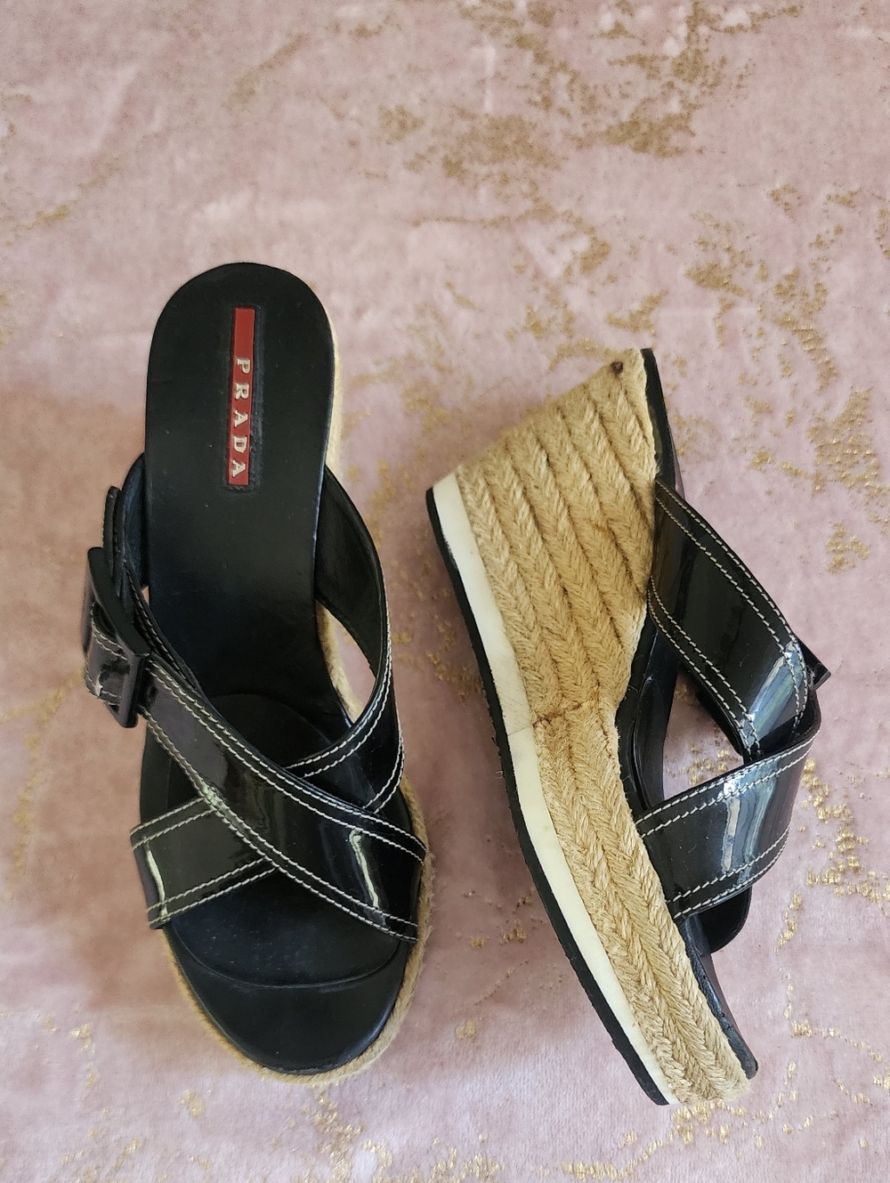 PRADA | Black Patent Leather Espadrille Wedge Sandals with Jute Platform - Picture 10 of 16